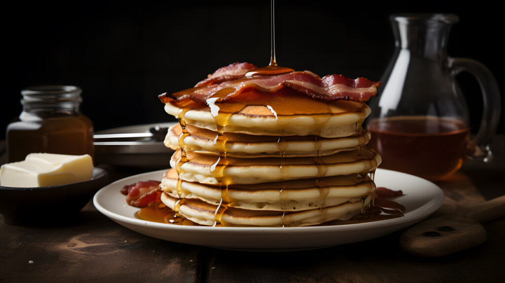 A stack of fluffy pancakes with syrup and a side of bacon