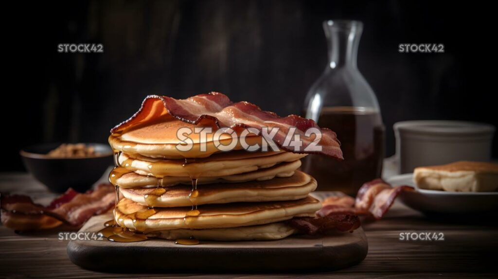 A stack of fluffy pancakes with syrup and a side of bacon one