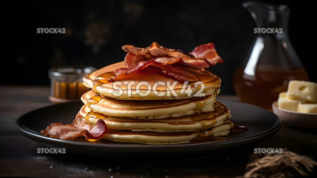 A stack of fluffy pancakes with syrup and a side of bacon three