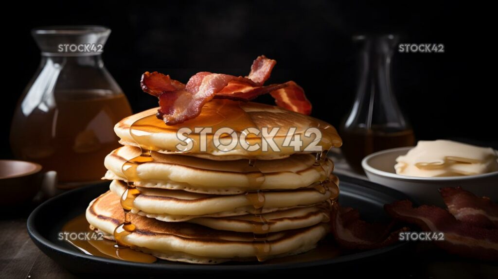 Ein Stapel flauschiger Pfannkuchen mit Sirup und einer Seite Speck zwei