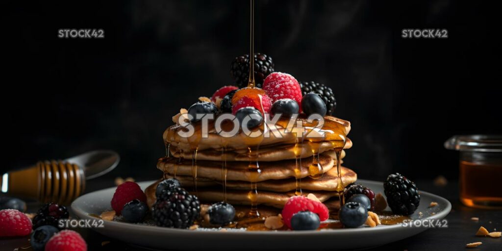 A stack of healthy protein pancakes with a drizzle of hon