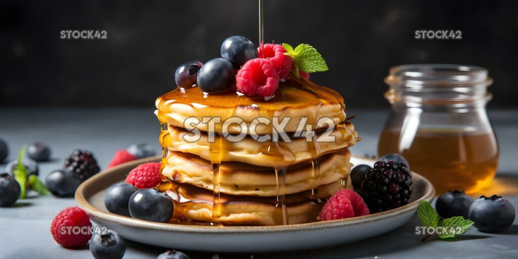 A stack of healthy protein pancakes with a drizzle of hon one