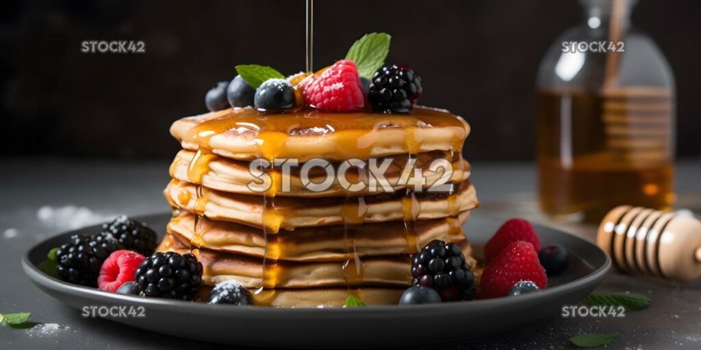 A stack of healthy protein pancakes with a drizzle of hon three