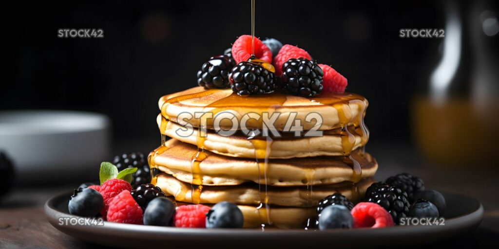 A stack of healthy protein pancakes with a drizzle of hon two