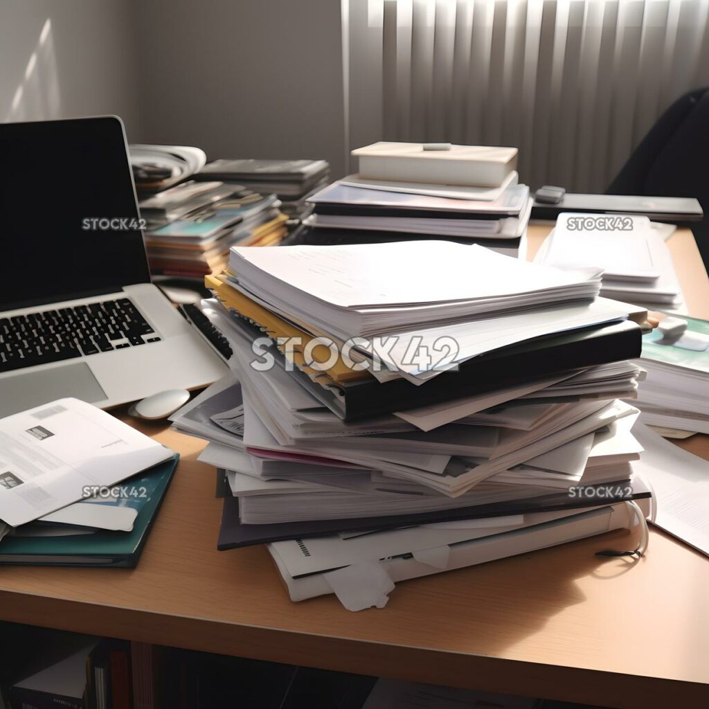 A stack of papers and textbooks on a desk with a laptop o