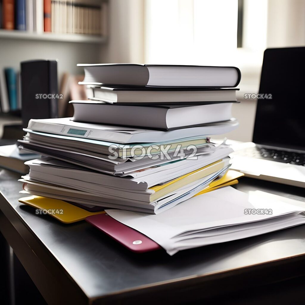 A stack of papers and textbooks on a desk with a laptop o one