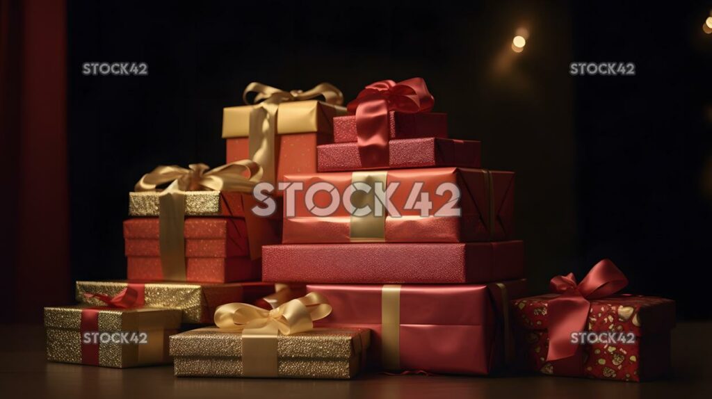 A stack of presents wrapped in shiny red and gold paper w