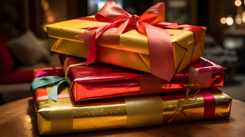 A stack of presents wrapped in shiny red and gold paper w one