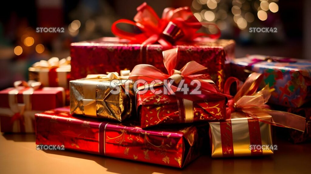 A stack of presents wrapped in shiny red and gold paper w three