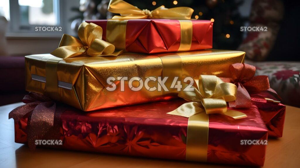 A stack of presents wrapped in shiny red and gold paper w two