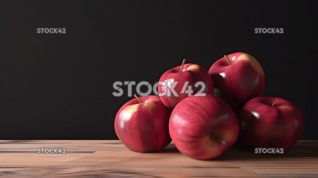 Una pila de manzanas rojas sobre una mesa de madera Hyper-r cinematográfica