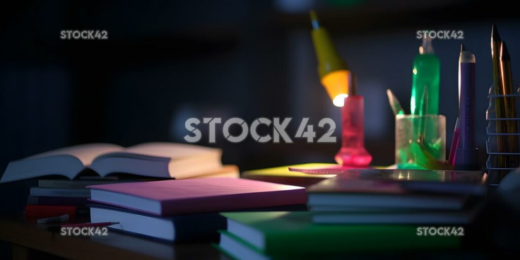 A stack of textbooks and papers on a desk with a highligh