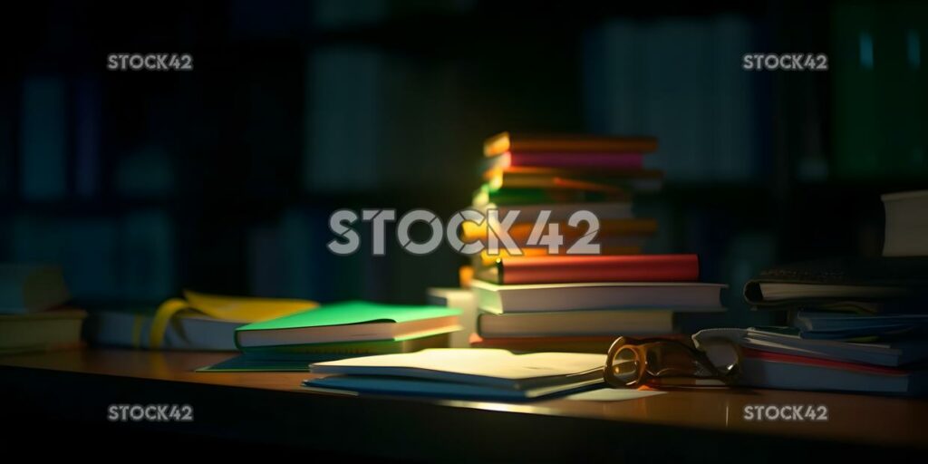 A stack of textbooks and papers on a desk with a highligh one