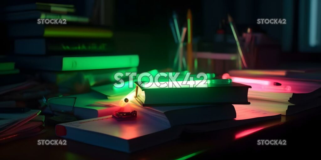 A stack of textbooks and papers on a desk with a highligh three