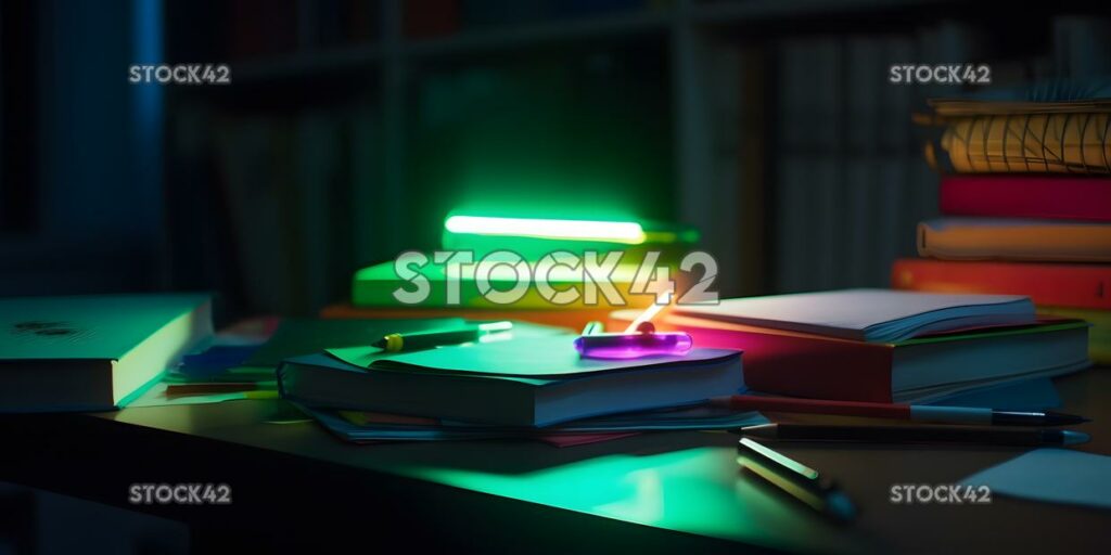 A stack of textbooks and papers on a desk with a highligh two