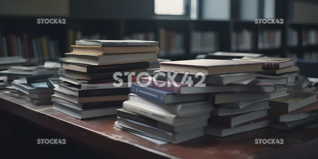 A stack of textbooks on a desk in a library cinematic