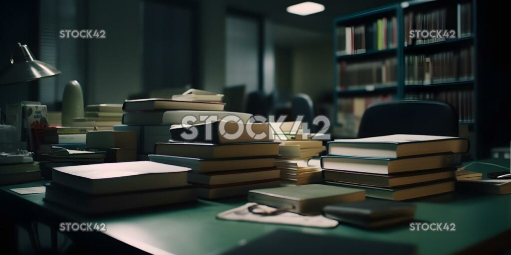 A stack of textbooks on a desk in a library cinematic five