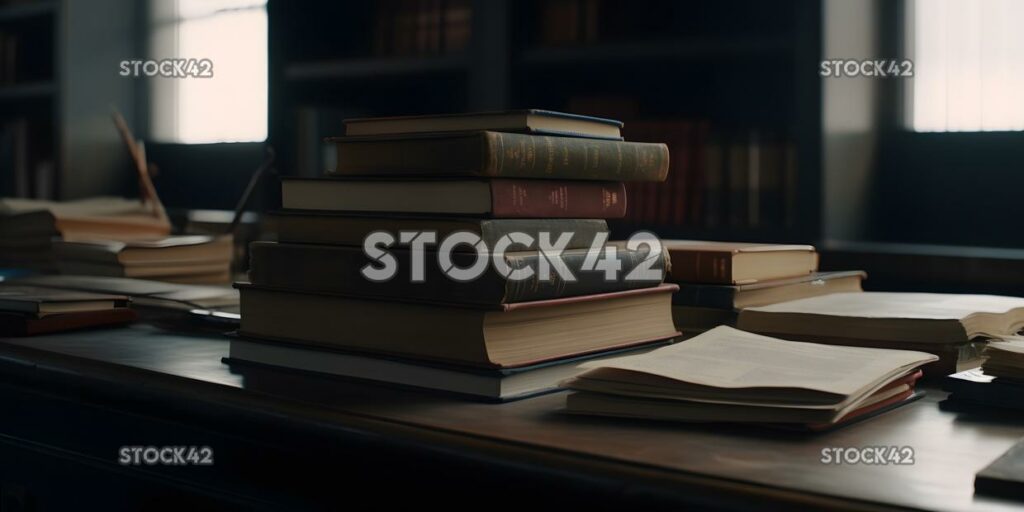 A stack of textbooks on a desk in a library cinematic four