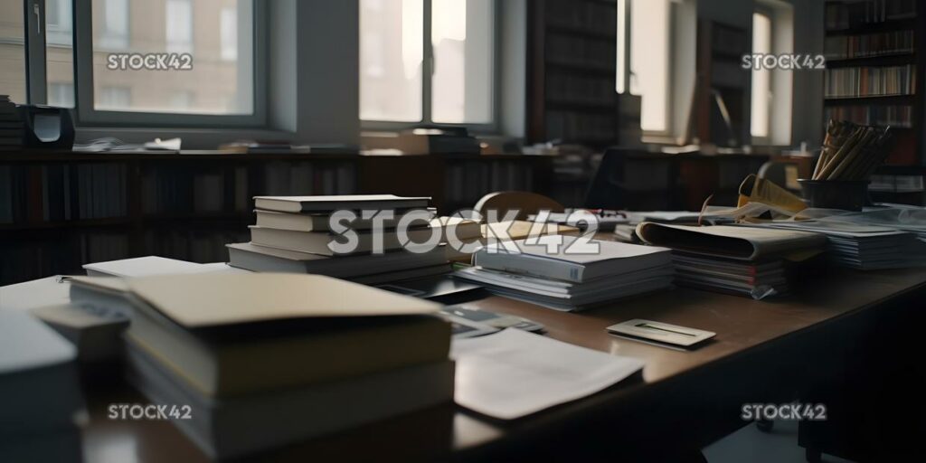 A stack of textbooks on a desk in a library cinematic one