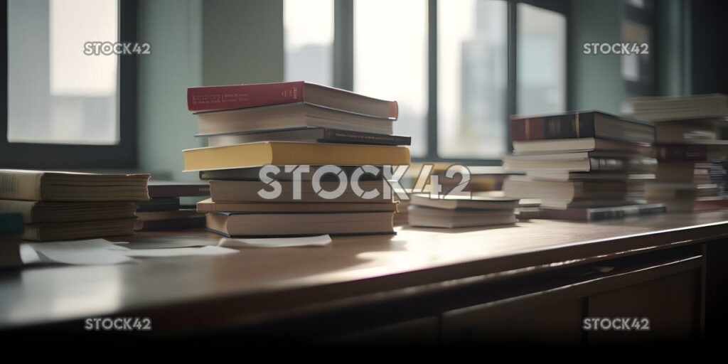 Una pila de libros de texto en un escritorio en una biblioteca cinemática seis