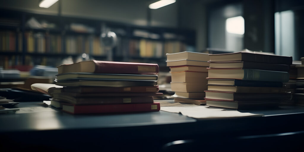 A stack of textbooks on a desk in a library cinematic three