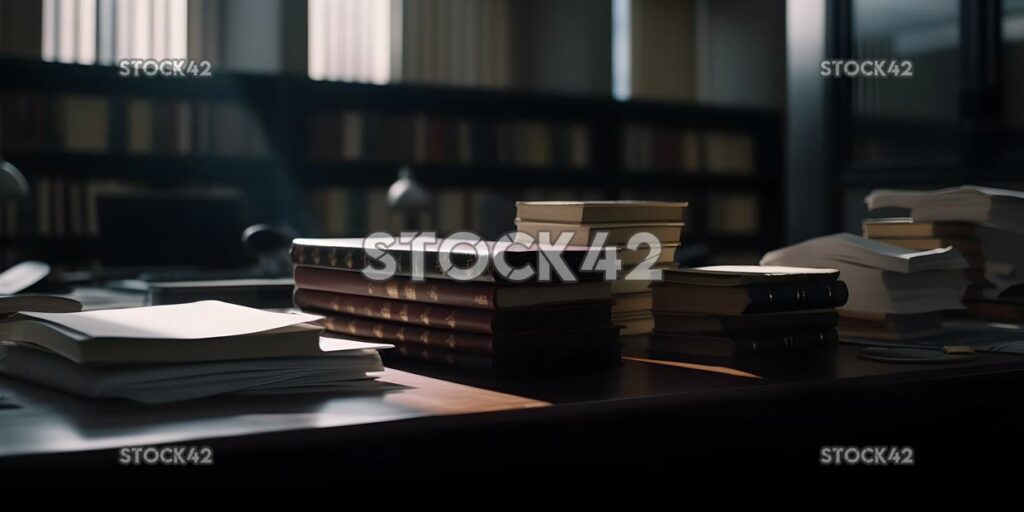 A stack of textbooks on a desk in a library cinematic two