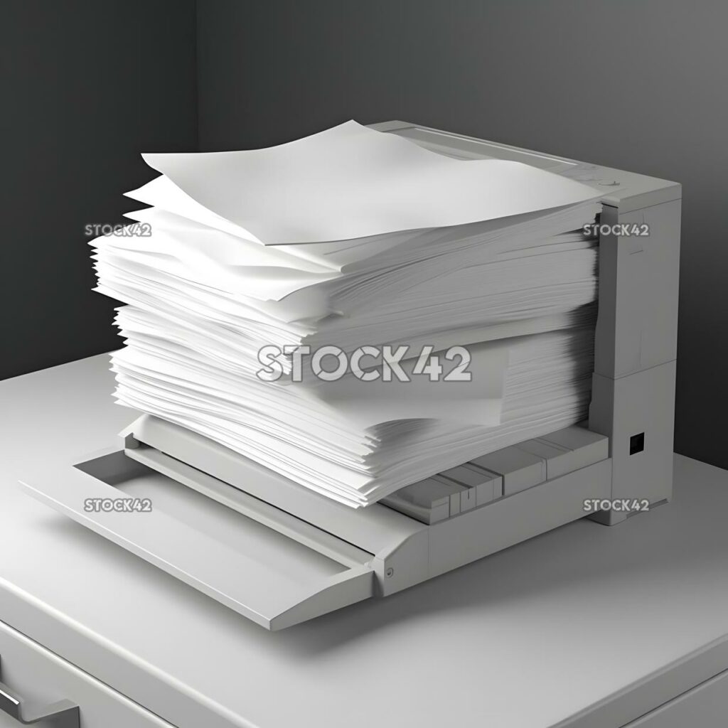 A stack of white copy paper in a printer tray Hyper-reali one