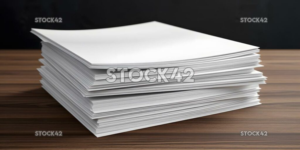 A stack of white printer paper on a desk Hyper-realistic_