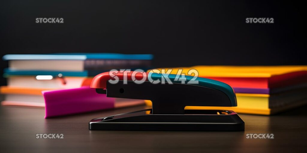 A stapler and tape dispenser on a desk next to a computer