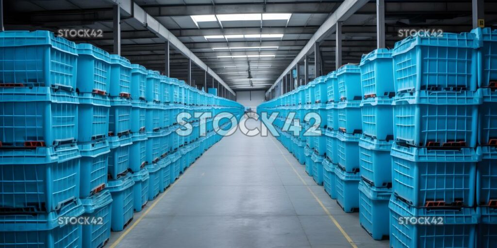 A storage facility with rows of large plastic containers