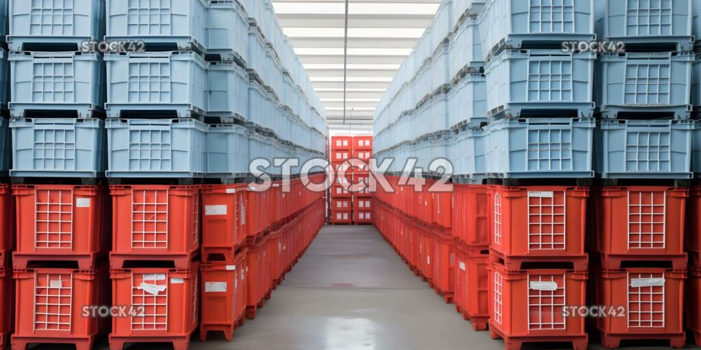 A storage facility with rows of large plastic containers one