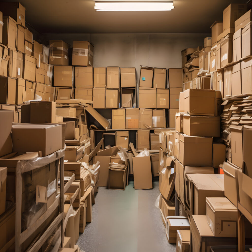 A storage room full of various sizes and colors of cardbo one