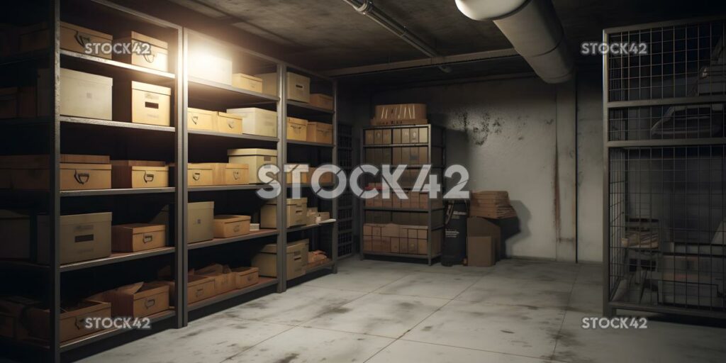 A storage room with shelves and boxes cinematic Hyper-rea