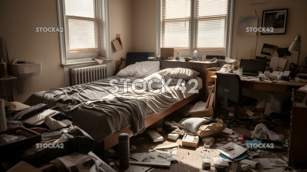 Ein Studentenwohnheimzimmer mit einem unordentlichen Bett und Lehrbüchern auf dem Tisch