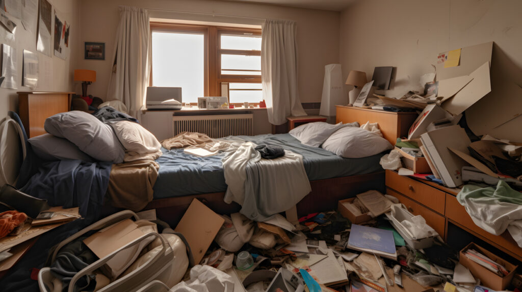 Ein Studentenwohnheimzimmer mit einem unordentlichen Bett und Lehrbüchern auf der einen Seite