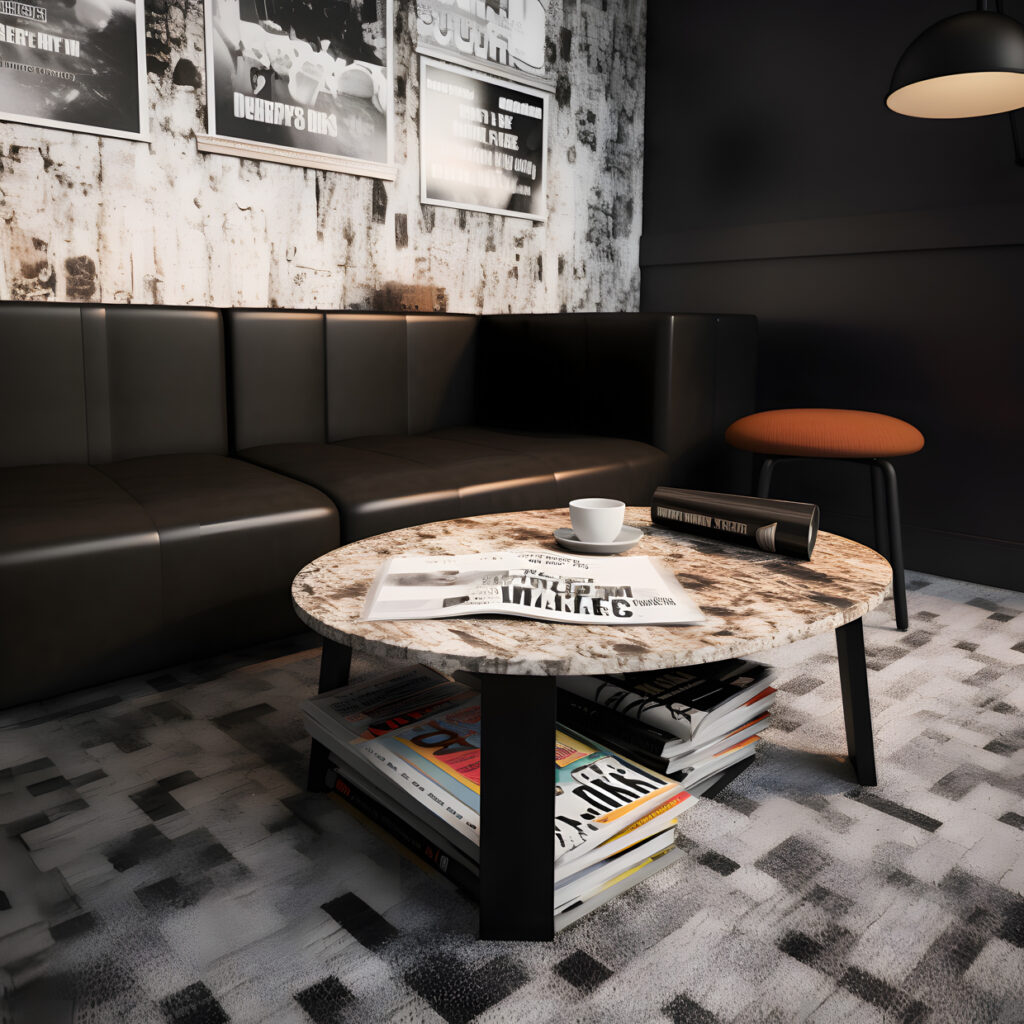 A student lounge area with a coffee table and magazines H one