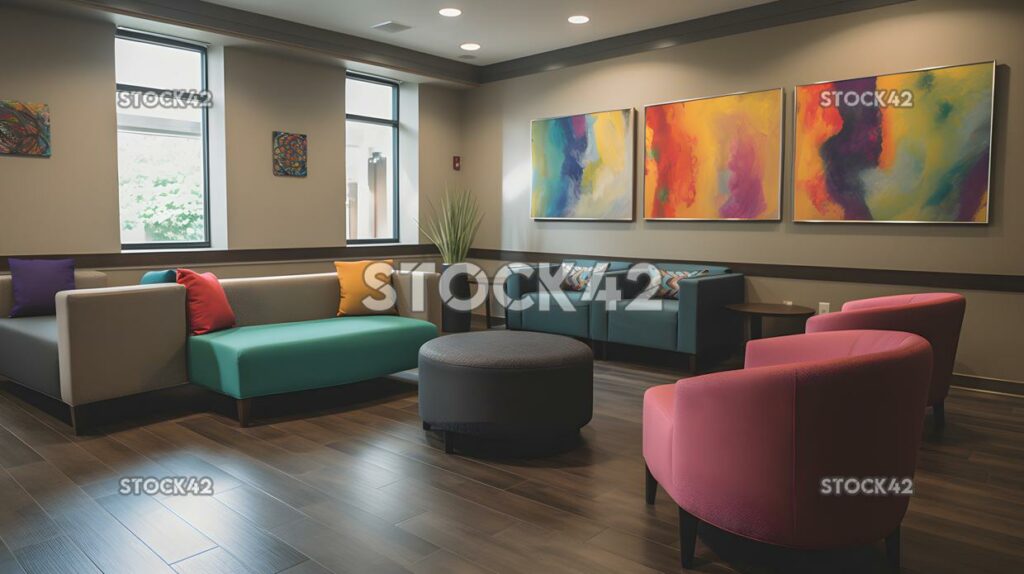 A student lounge area with comfortable chairs and couches