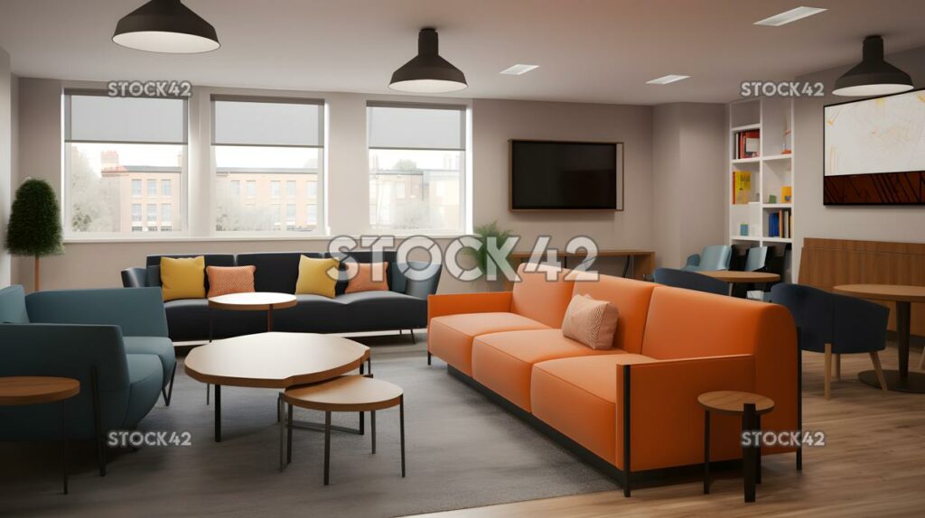 A student lounge area with comfortable chairs and couches one