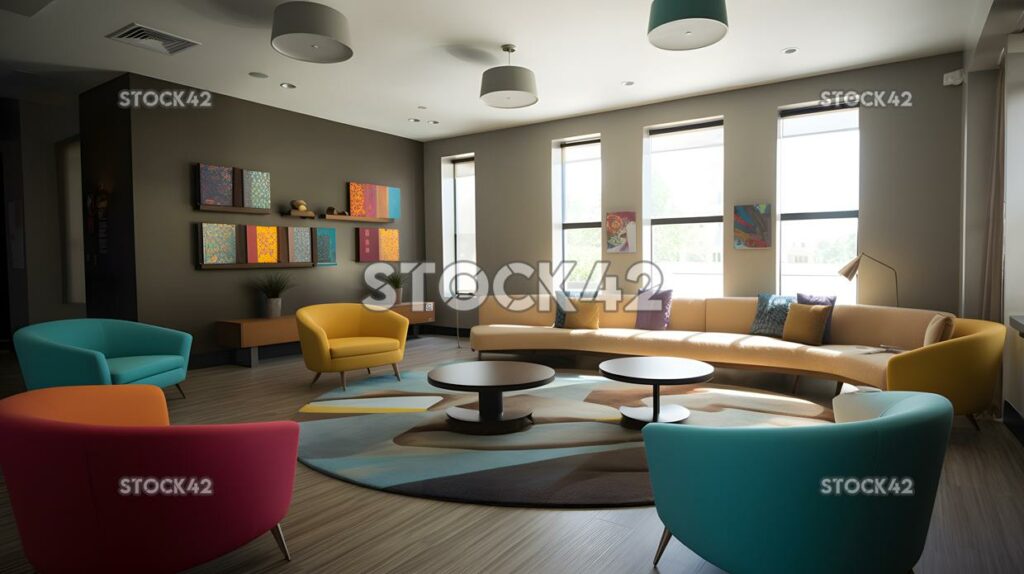 A student lounge area with comfortable chairs and couches three