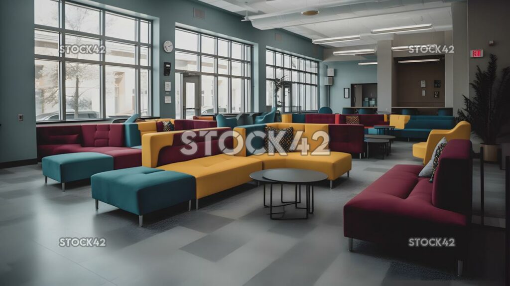 Eine Studentenlounge mit Sofas und Tischen, an denen aber niemand sitzt