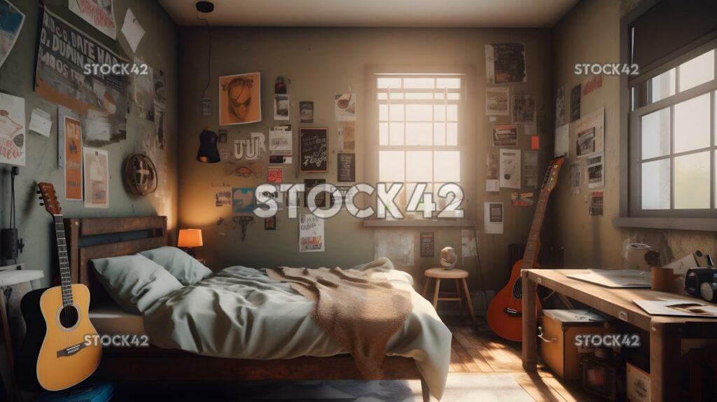 A students dorm room with a guitar on the bed and posters