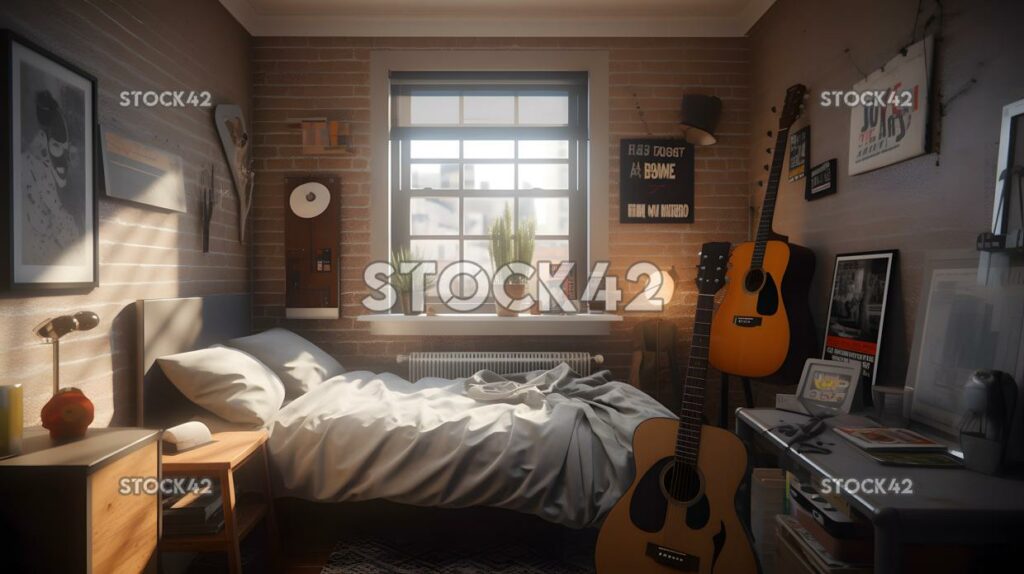 A students dorm room with a guitar on the bed and posters one