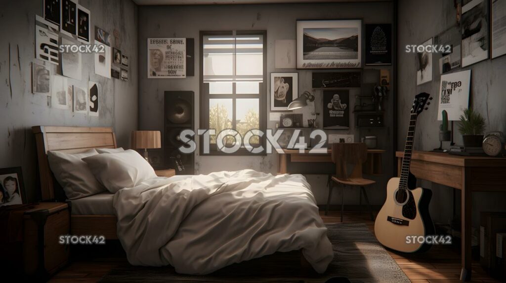 A students dorm room with a guitar on the bed and posters two