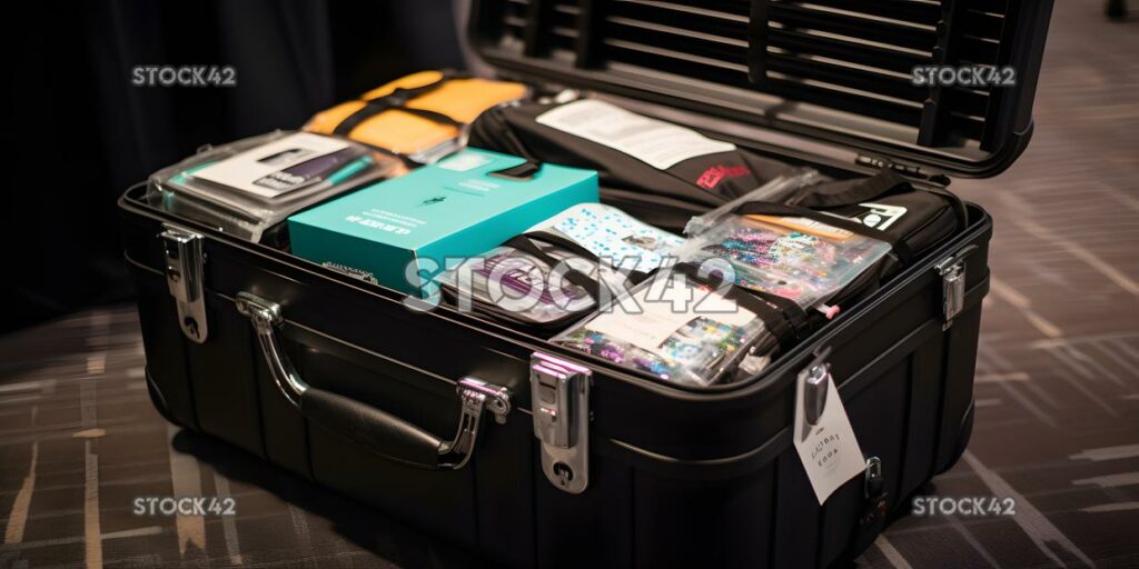 A suitcase filled with company-branded merchandise for a  one