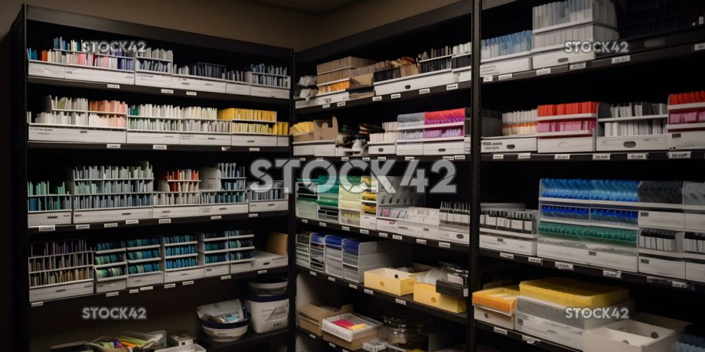 A supply closet filled with boxes of paper ink cartridges