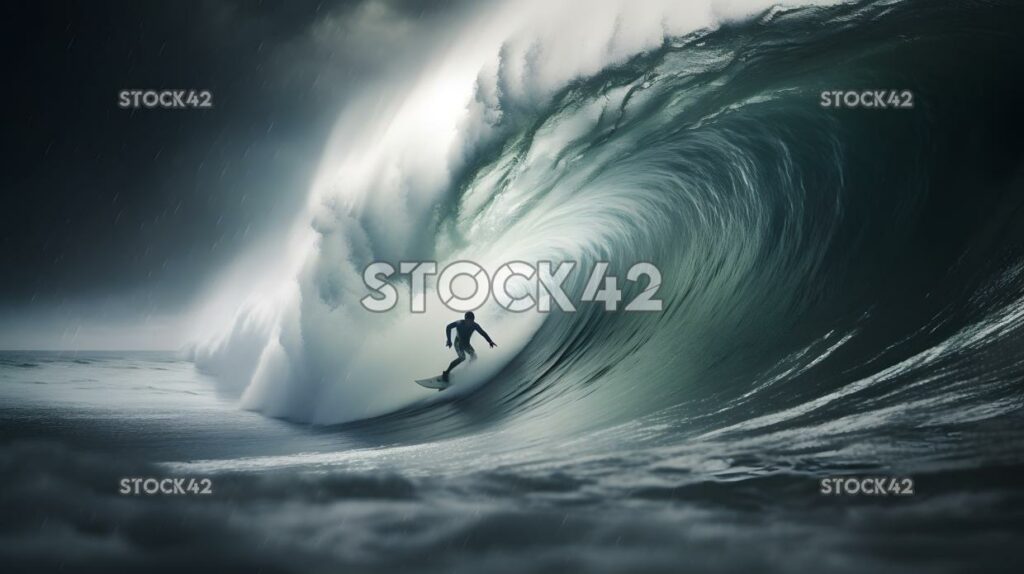 Ein Surfer, der auf einer massiven Welle im Ozean reitet, dynamisch, leicht,