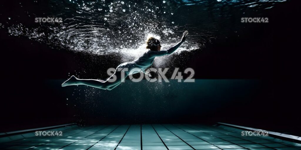 A swimmer diving into a crystal clear pool high contrast