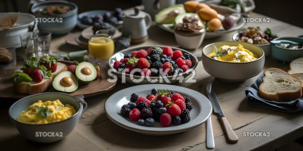 Ein gedeckter Tisch für einen gesunden Brunch mit frischem Avocado-Toast