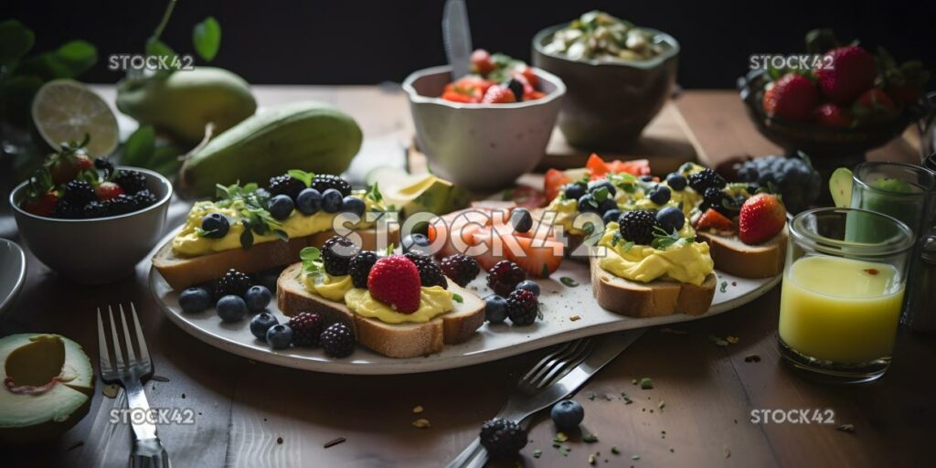 A table set for a healthy brunch with avocado toast fresh one