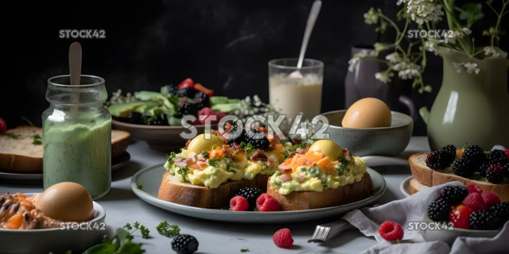 A table set for a healthy brunch with avocado toast fresh three